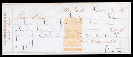 RN-B20c, 2c Orange with restrictive clause at base, Tablet Inverted, used on Oct. 9, 1868 check of S.B. Chittenden & Co., check with a slight trace of toning, which is
inconsequential considering this revenues unique status, very fine this i