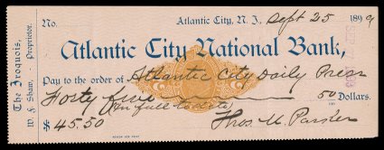 RN-X7g, 2c Orange, Stamp Inverted, used on Sep. 25, 1899 check of the Atlantic City National Bank, strong stamp impression, cut cancel, very fine.