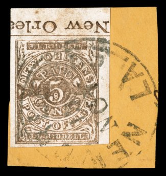 62X3, New Orleans, La., 5c Brown on white Postmaster Provisional, top sheet-margin single showing Inverted Imprint of New Orlea(ns), being position 6, mostly large to huge
margins all around, tied to piece by light New Orleans c.d.s., very