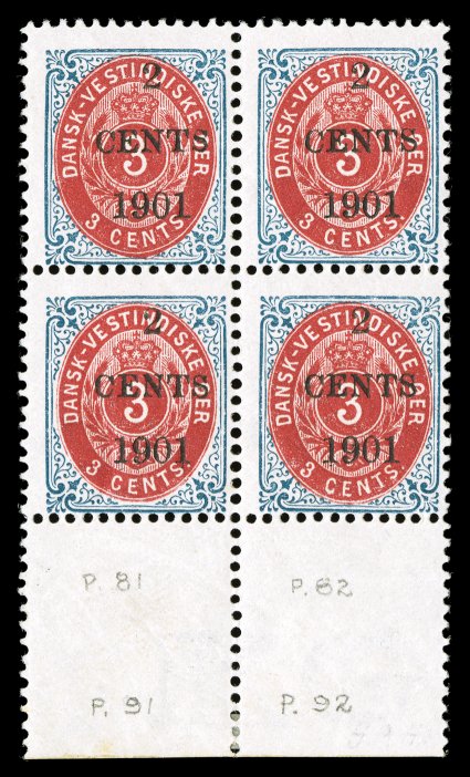 24b, 2 CENTS 1901 Surcharge on 3c Blue and lake, Frame Inverted, bottom sheet-margin block of four, being positions 81-8291-92 from the sheet, exceedingly fresh, o.g., top
stamps lightly hinged, bottom stamps probably never hinged, light hori