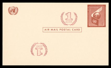 UXC2b,c, 4c + 1c Air post postal card, Surcharge Inverted, three mint cards, including double surcharge, one inverted, as well as two cards with inverted surcharges (one next
to indicia and one at bottom left, very fine group each accompanied b