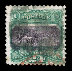 120b, 24c Green and violet, Center Inverted, used, wonderfully bright and fresh, intensely rich colors and strong detailed impressions on especially clean paper, light and
unobtrusive black cut cork postmark which leaves the inverted central vig