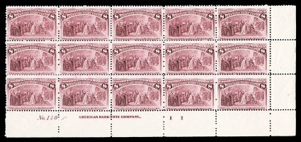 236 var., 8c Columbian, partial Second Impression Inverted, bottom right corner sheet-margin imprint, double letter II and plate No. 130 block of fifteen (5x3), with several
areas on the face showing a very light but discernible second impre