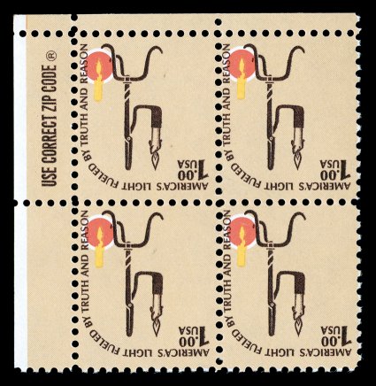 1610c, $1.00 Rush Lamp and Candle Holder, Intaglio Brown Inverted, the spectacular and unique top left corner sheet-margin Use Correct Zip Code block of four of the so-called
C.I.A. Invert, wonderfully fresh and bright, unblemished o.g., nev