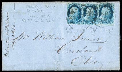 7, 8A, 1c Blue, Ty. II and IIIa, double and triple transfers, one Inverted, another extraordinary franking of all three inverted transfer varieties found on the plate, each being
a single arranged from left to right - positions 81L1E (Ty. IIIa),