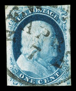 8A, 1c Blue, Ty. IIIa, double transfer, one Inverted, position 81L1E, used, margins ranging from just cutting in at bottom to mostly large, intense color and impression, light
central strike of a town c.d.s., a fine example of this scarce plate