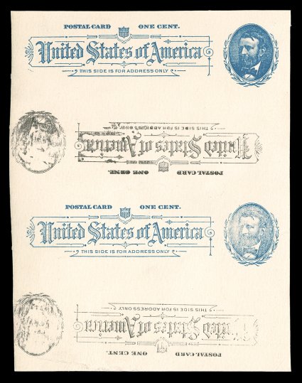 UX11bP, 1c Blue on grayish white postal card, Double Impression (in blue and black), One Inverted, a vertical unsevered pair of cards, each with normal impression in blue, with
a second impression inverted at the bottom of the card in black, som