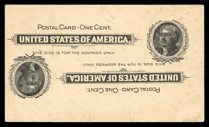 UX14a, 1c Black on buff postal card, Double Impression, One Inverted, remarkably the Cunliffe collection contains a second example of this rarity, and as stated in the previous
description this is one of only four mint cards known, this one