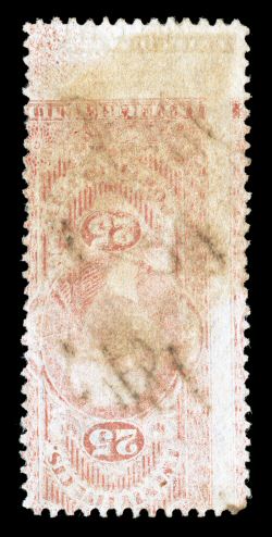 R44f, 25c Certificate, with Inverted Impression of 25c Power of Attorney (R48) on back, an attractive example of this immensely rare error, showing a clear inverted impression
of R48 on the back, front is well centered and with deeply rich col