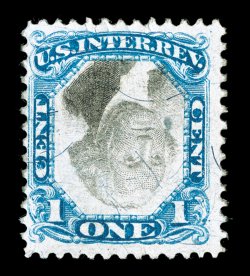 R103a, 1c Blue and black, Center Inverted, at first glance appears to be unused and still retains its original gum, but there is a faint herringbone cancel in the top margin,
rich colors, natural inclusion, fine.