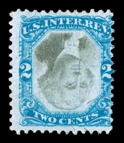 R104a, 2c Blue and black, Center Inverted, bright colors, relatively light herringbone cut cancel, fine.