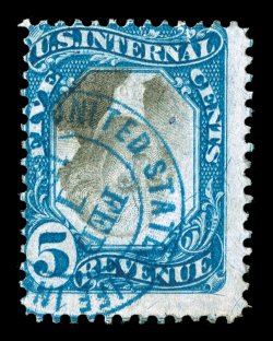 R107a, 5c Blue and black, Center Inverted, deep intense colors, cancelled solely by a blue handstamp of United States Life Insurance Co., natural inclusion speck, fine this is
one of the most desirable cancels we have seen on any Second I