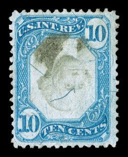 R109a, 10c Blue and black, Center Inverted, well centered for this, herringbone cancel breaks the paper in a few places, nearly very fine.