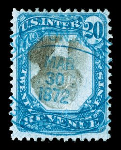R111a, 20c Blue and black, Center Inverted, an attractive example of this rare invert, possessing outstanding colors that are remarkably deep and rich, in addition it is
cancelled by a light oval blue handstamp dated Mar 30, 1872, as well as