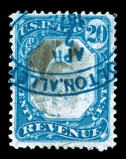 R111a, 20c Blue and black, Center Inverted, unusually well centered for this value, deeply rich color, blue oval handstamp cancel dated Apr 2, 1872, as well as a herringbone
cancel that breaks the paper in a few places, small thin spots, fin