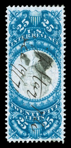 R112a, 25c Blue and black, Center Inverted, a stunning used single that is one of the finest quality in existence, as it possesses incredibly prooflike color and impression
unlike any other we have seen, plus it is exceedingly well centered,