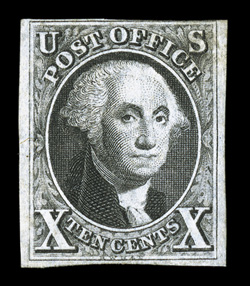 2, 10c Black, a rare sound unused example, still retaining a small part of its original gum (certificate states traces of o.g.), full to large margins on three sides, just
touching the top frame line at right, strong color and a highly detaile