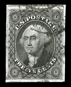 17, 12c Black, gem used single, possessing much larger margins than typically encountered, including large to mostly huge margins all around, with a portion of the adjoining
stamp at top showing, as well as a trace of the adjoining stamp at bott