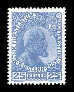 1a-3a, 3b, 1915 5h-25h Prince Johann, on thin unsurfaced paper cplt., the three values, plus the additional scarce Scott listed 25h in the Ultramarine shade, rich colors,
o.g., minor h.r., fine-very fine (Michel 1y-3ya, 3yb Ç850).