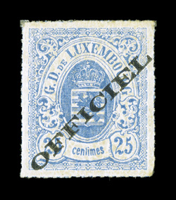 O7, 1875 25c Ultramarine with Officiel overprint, a remarkably choice mint example of this rare official, outstanding centering, especially fresh color, full original gum
which is most uncharacteristic, as the vast majority of unused examples