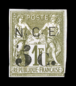 10, 1886 N.C.E.5c. Surcharge on 1Fr Bronze green on straw, unused, close to full margins all around, strong color, tiny thin speck in the top margin, otherwise a very fine
example of this great French Colonies rarity, of which only a small nu