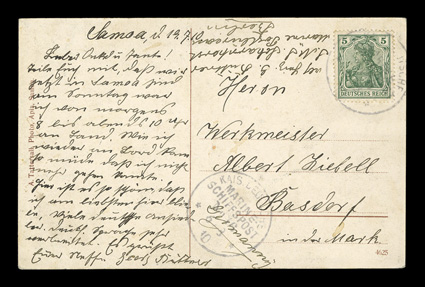 1910 (6 Aug.) Gruss aus Samoa picture post card to Basdorf, with 5pf Germania tied by Kais. DeutscheMarine ShiffspostNo. 16 c.d.s. (with additional second strike at bottom) of
the Scharnhorst, message written on July 19th, very fine a