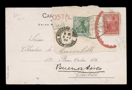 1901-03 Swedish South Polar Expedition, handpainted picture post card of Dr. Nordenskjold, November 1903, signed personally by Nordenskjold and dated December 12, 1903, mailed
to Buenos Aires with a most peculiar and unique franking, consisting o