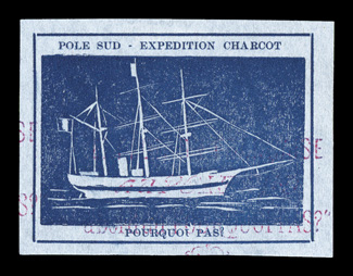 1903-10 French Antarctic Expeditions, 1908 blue expedition vignette inscribed Pole Sud - Expedition Charcot at top and Pouquoi Pas? at bottom, lightly cancelled with red
straight line cancel, large margins all around, extremely fine a very r