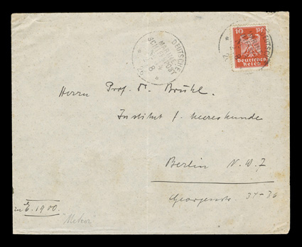 1925-27 German South Atlantic Expedition, scarce 1926 personal mail cover to Berlin, posted on board the Meteor, franked with German 10pf and is tied by the Meteor
DeutscheMarine SchiffspostNo. 14 2.8.26 c.d.s., during its two-year A