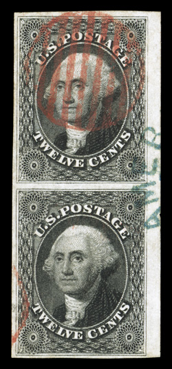 17, 12c Black, an eye-arresting used right sheet-margin vertical pair, other three margins quite large, stunning prooflike color and impression on pristine white paper,
wonderfully cancelled by bright red grid pmks. and a crisp strike of a blue
