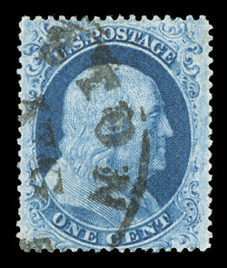 18, 1c Blue, Ty. I, used, neat portion of Boston pmk., attractively centered for this, deep luxuriant color, very fine.