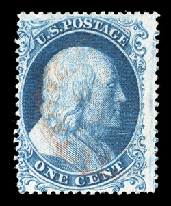 19, 1c Blue, Ty. Ia, a fresh and sound example of this classic rarity, centered just to left but not objectionably so, wonderfully centered top to bottom allowing the all
important Ty. Ia design characteristics to show perfectly, rich color and
