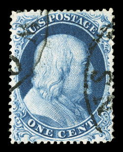 19b, 1c Blue, Ty. Ic, extraordinary centering, deep intense color and a highly detailed early impression on immaculate white paper, light c.d.s. cancels, extremely fine there
is some controversy over what Type to attribute this stamp, the accom