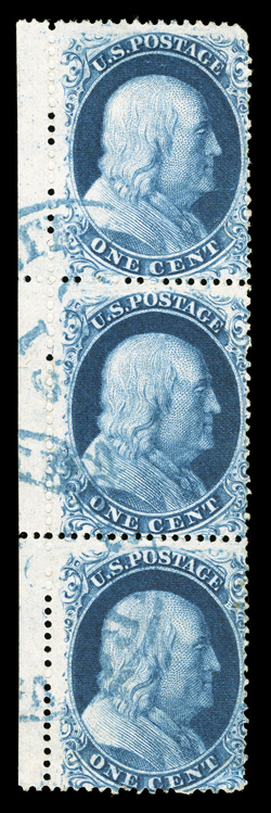 19b, 22, 1c Blue, Ty. Ic, vertical pair, the bottom pair in a very rare combination vertical strip of three with Ty. III at top, positions 71 81 91R4, a marvelous left sheet
margin strip (showing 3mm of the sheet margin), the top stamp bei