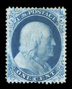 21, 1c Blue, Ty. III, a highly select used example of this perennially difficult and truly rare stamp, possessing outstanding centering, especially when one considers how
tightly spaced these stamps are on the plate, its color is exceptionally r