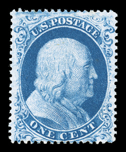 22, 1c Blue, Ty. IIIa, unused, deeply rich color and a well incised impression, nearly very fine 1991 PF certificate.