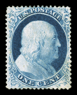 23, 1c Blue, Ty. IV, an impressive example of this rare mint stamp, with far better centering and larger margins than typically associated with this normally tight-margined
stamp, deep rich color and a highly detailed impression, full but slight