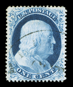23, 1c Blue, Ty. IV, position 37R1, a magnificent used single, being precisely centered amid much larger margins than typically found on the Type IV stamps, beautiful rich
color and a well defined impression, uncommonly light town cancel further