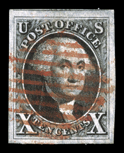 2, 10c Black, four large to extra-large margins including a portion of the adjoining stamp at top, deep color and an usually strong impression, bright red grid cancel, some
light manuscript offset on reverse, extremely fine and especially handso