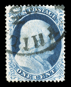 23, 1c Blue, Ty. IV, used, exceptionally well centered, particularly for the difficult Type IV, strong rich color on fresh paper, neat Philadelphia c.d.s., extremely fine and
uncommonly choice 1995 PF certificate.