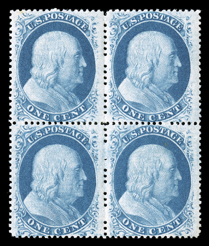 24, 1c Blue, Ty. V, mint block of four, nicely centered and margined, rich fresh color, o.g., lightly hinged, very fine 2006 PSE certificate.