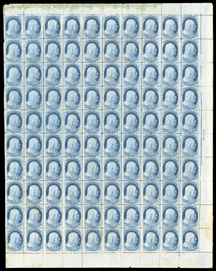 24, 1c Blue, Ty. V, full pane of 100 from the right of Plate 10, with imprint and plate number in the right margin, strong color, full original gum, a few light adhesions and
thin specks from sheet stacking on both sides, some sensible hinge rei
