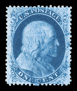 24, 1c Blue, Ty. V, extraordinarily well centered within especially wide margins, strong color and impression, light blue town cancel, extremely fine a gem used stamp 1986 PF
certificate ex-Koppersmith, Zoellner.