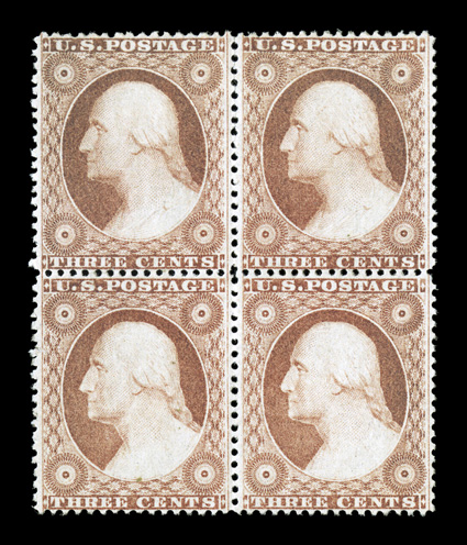 26, 3c Dull red, Ty. III, block of four, marvelously well centered, quite fresh overall, o.g., lightly hinged, a few perf. separations at top, extremely fine clear 1999 PF
certificate.