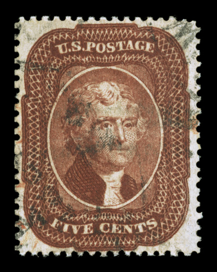 28A, 5c Indian red, Ty. I, gorgeous rich color in an unmistakable Indian red color, sharp detailed impression, well centered and margined, light black cancel as well as a tiny
bit of a red transit pmk., slight thin spot at bottom right, very fin