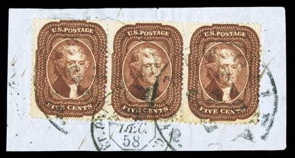 28A, 5c Indian red, Ty. I, a very rare horizontal strip of three tied to piece by 1858 New Orleans c.d.s. and French entry pmk., rich bright color, left stamp with one short
perf. at bottom left, a couple faintly toned perf. tips at right, fine