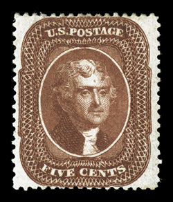 30, 5c Orange brown, Ty. II, exceptionally well centered within unusually wide margins, lovely rich color and a well incised impression, o.g., extremely fine a very scarce and
challenging stamp in this impressive quality 1989 PF certificate.