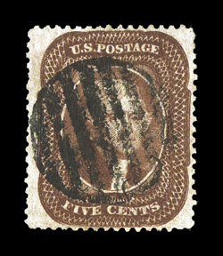 30, 5c Orange brown, Ty. II, uncommonly well centered and margined, deeply rich color, complete strike of a grid in circle cancel, very fine 1974 PF
certificate.
