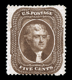 30A, 5c Brown, Ty. II, deep color and a sharp impression, large margins, o.g., mild h.r., very fine 1985 PF certificate.