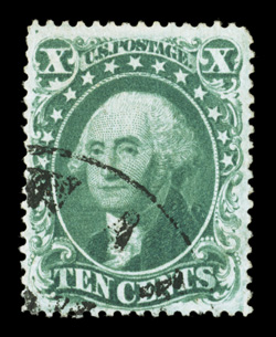 34, 10c Green, Ty. IV, position 55L, recut at bottom, lovely color that is uncommonly bright and fresh, crisp detailed impression on clean white paper, well centered within
large margins, light town cancel, very fine 1985 PF certificate.